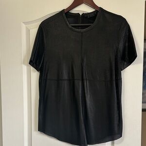 Black Perforated Genuine Leather Short Sleeve Tee